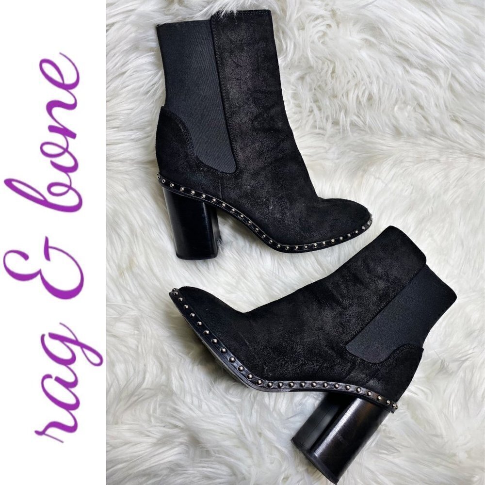 RAG & BONE Romi Black Suede Chelsea Silver Stud Block Heel Bootie, Size 36